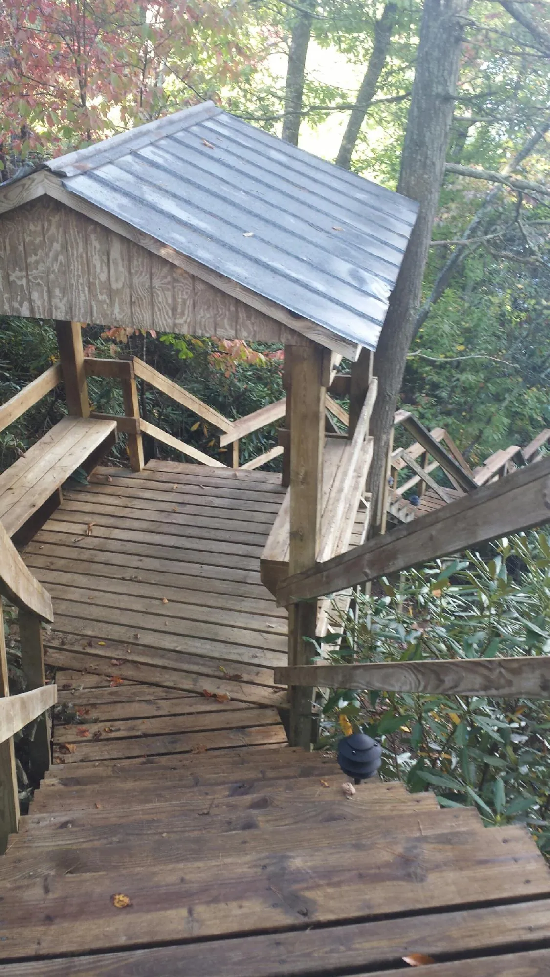 Metal roofed shelter over wooden steps on a wooded walkway — Skylight Repair & Installation work by our crew in Springtown